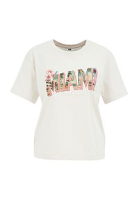 White cotton t-shirt with short sleeves, featuring a colorful "MIAMI South Beach" graphic and floral accents. Relaxed fit design.