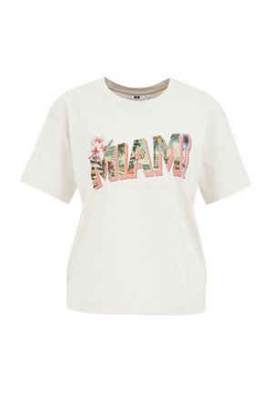Witte katoenen T-shirt met korte mouwen, met een kleurrafische "MIAMI South Beach" opdruk en bloemrijke accenten. Ontspannen pasvorm.