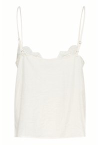 Light beige camisole with adjustable straps, featuring a scalloped lace trim at the neckline. Made from a textured fabric.