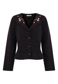 Dunkelgrau Cardigan mit tailliertem Schnitt, langen Ärmeln, Reverskragen und floralen Stickereien auf den Schultern. Mit dekorativen Knöpfen geschlossen.