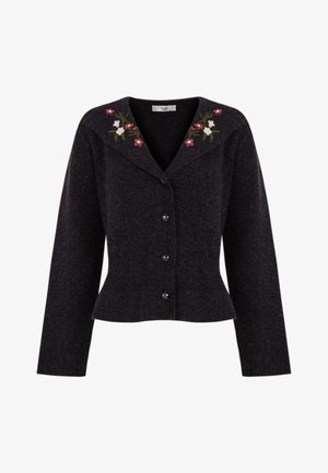 Dunkelgrau Cardigan mit tailliertem Schnitt, langen Ärmeln, Reverskragen und floralen Stickereien auf den Schultern. Mit dekorativen Knöpfen geschlossen.