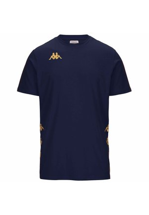 T-shirt in cotone blu navy con logo Kappa dorato sul lato sinistro del petto e accenti dorati ripetuti sui lati. Design semplice con colletto crew neck.