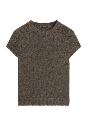 Brown knitted short-sleeve sweater with ribbed crew neckline, shoulders, and hem, laid flat on a white background.