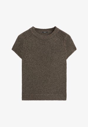 Brown knitted short-sleeve sweater with ribbed crew neckline, shoulders, and hem, laid flat on a white background.