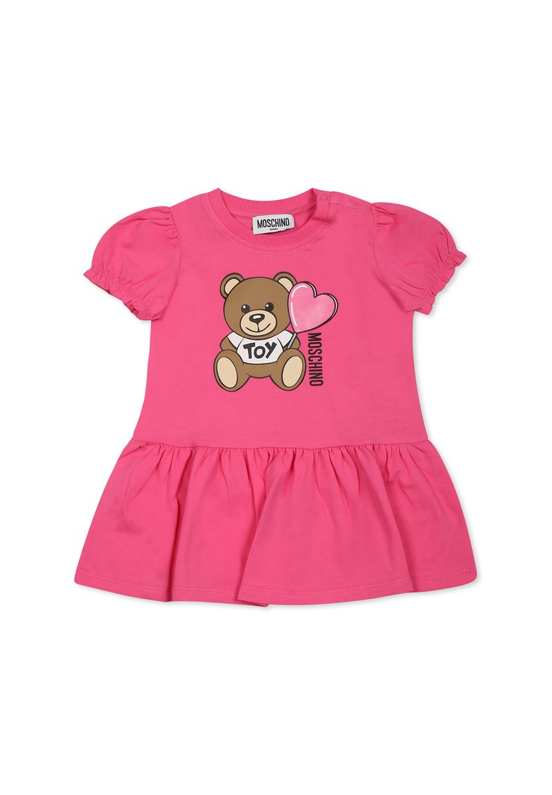 Abito di cotone rosa con una grafica di un orsetto seduto con un palloncino a forma di cuore, maniche corte a sbuffo e gonna svasata.