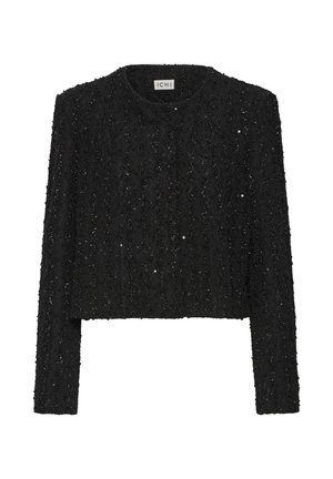 Schwarze cropped Jacke aus texturiertem Stoff mit wellenförmigem Design. Verfügt über lange Ärmel und dezente Glitzereffekte.