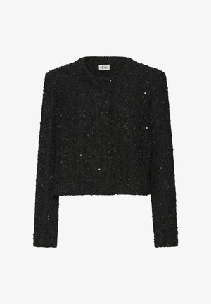 Schwarze cropped Jacke aus texturiertem Stoff mit wellenförmigem Design. Verfügt über lange Ärmel und dezente Glitzereffekte.