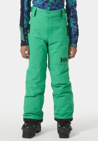 Zelené nepromokavé lyžařské kalhoty s nastavitelným pasem, bočními kapsami a elastickými manžetami; doplněné černými lyžařskými botami.