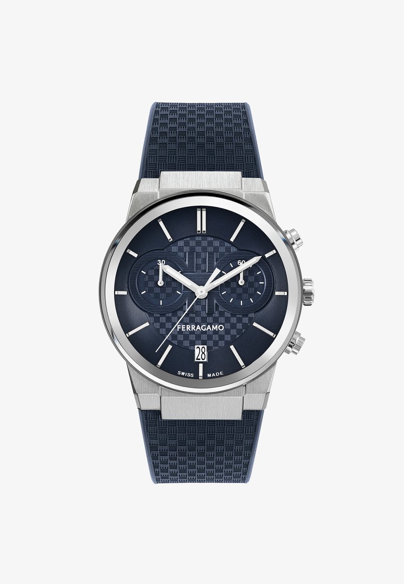 Orologio cronografo blu con cinturino in silicone navy testurizzato, cassa in acciaio inossidabile, quadrante a motivo e dettagli argento; presenta una finestra della data.