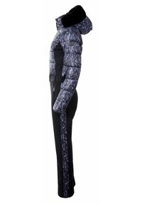 Wyściełana zimowa kurtka z wysokim kołnierzem, w szaro-czarny wzór, z futrzanym obszyciem, kieszeniami na zamek i dopasowanym krojem.