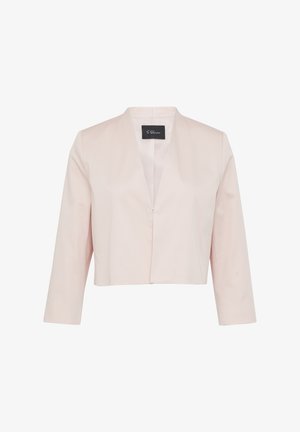 Kurzärmlige, hellrosa, cropped Jacke mit V-Ausschnitt, aus glattem Stoff, mit subtiler Glanz und minimalistischem Design.