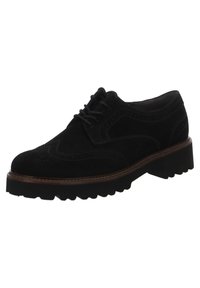 Scarpe da uomo nere in suede con design a punta d'organo, chiusura a lacci, suola in gomma e dettagli in pelle marrone lungo il bordo. Superficie con dettaglio testurizzato.