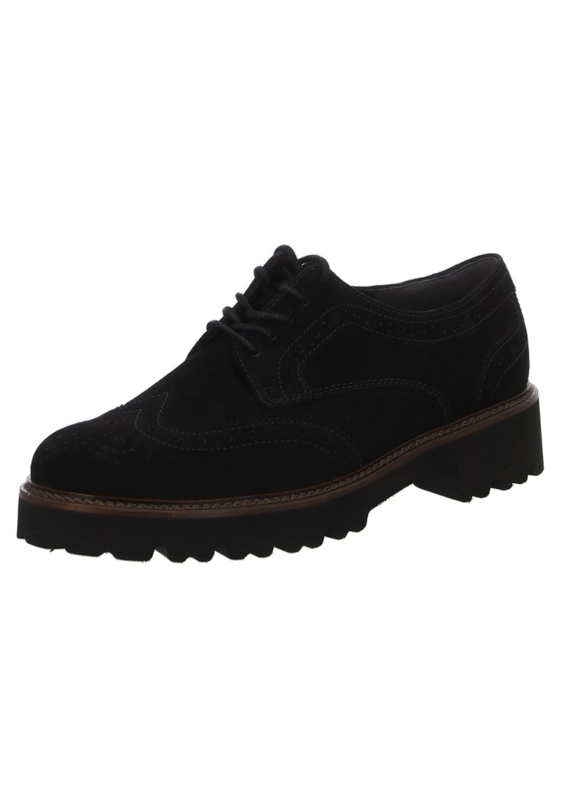Scarpe da uomo nere in suede con design a punta d'organo, chiusura a lacci, suola in gomma e dettagli in pelle marrone lungo il bordo. Superficie con dettaglio testurizzato.