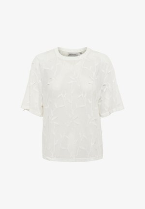 Weißes kurzärmliges Oberteil aus strukturiertem Netzgewebe mit floralem Muster. Runder Ausschnitt und entspannter Schnitt.