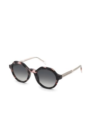 Sonnenbrille mit rundem Rahmen, dunklen Verlaufsgläsern und Schildpattfassung, mit dünnen, hellen Bügeln.