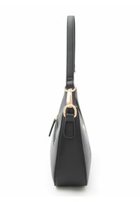 Borsa a mano in pelle nera con forma strutturata, caratterizzata da una cerniera e accessori color oro. Manico singolo e finitura testurizzata sottile.