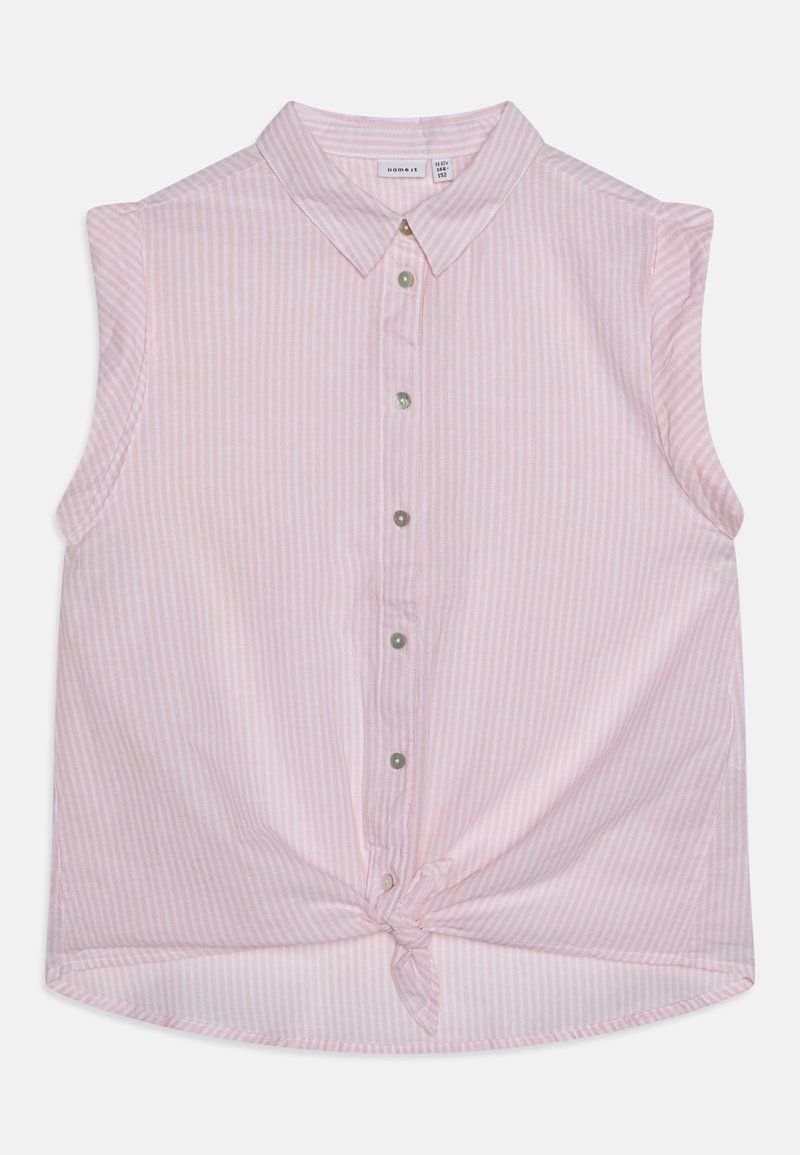 Camisa sem mangas em rosa e branco com riscas verticais, com colarinho e um laço no final.