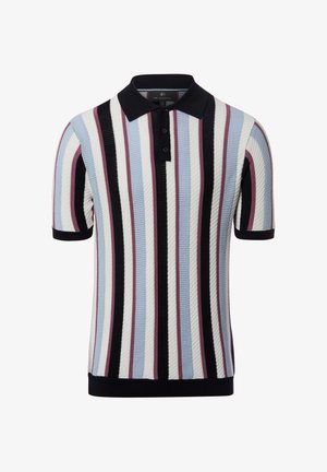 Kurzärmliges, gestricktes Poloshirt mit vertikalen Streifen in Schwarz, Weiß, Blau und Mauve, mit schwarzem Kragen und Knopfleiste.