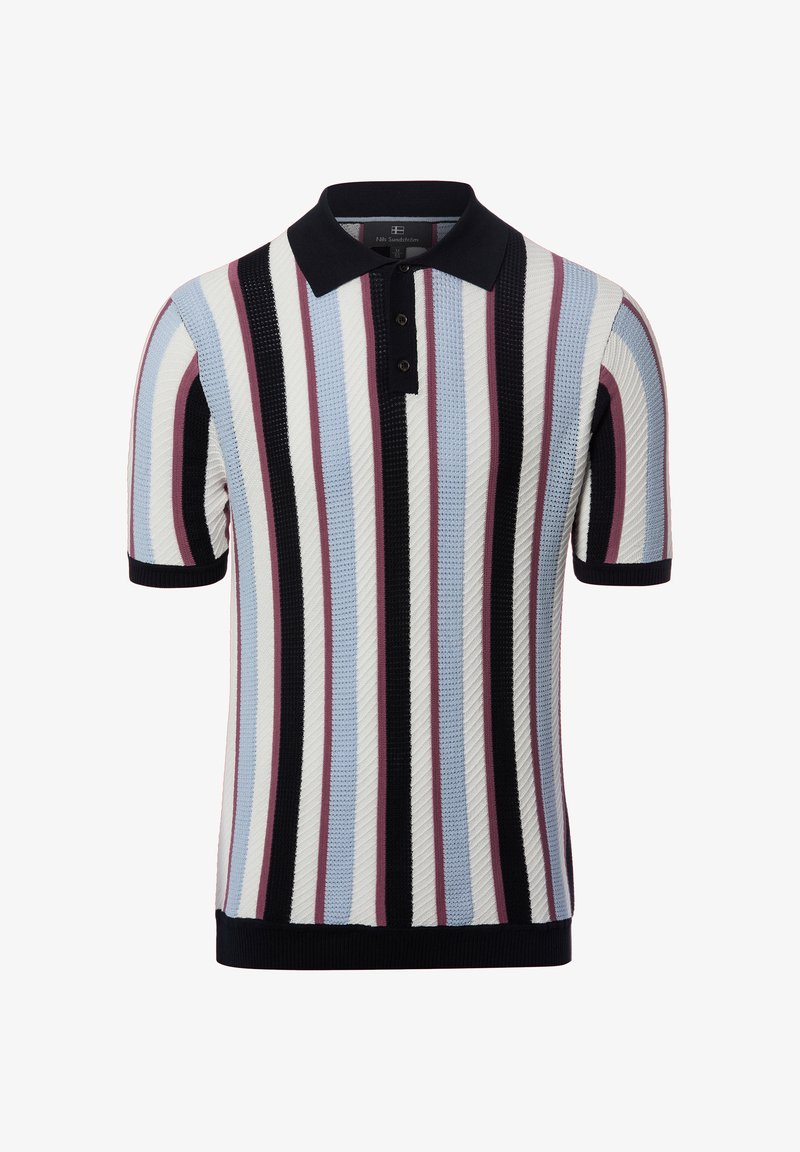Krótki rękaw sweterkowa koszulka polo z pionowymi paskami w kolorach czarnym, białym, niebieskim i fioletowym, z czarnym kołnierzykiem i plisą na guziki.