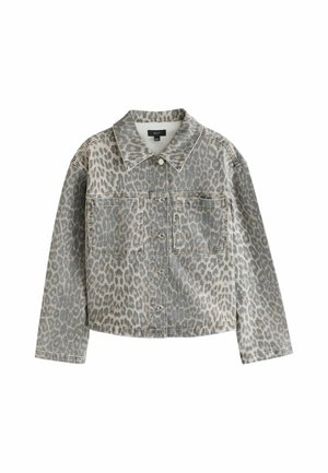 Langärmelige Knopfjacke mit grauem und beigem Leopardenmuster und zwei vorderen Brusttaschen.