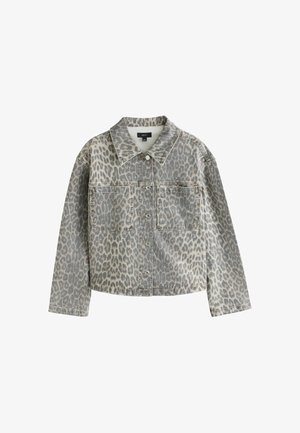 Langärmelige Knopfjacke mit grauem und beigem Leopardenmuster und zwei vorderen Brusttaschen.
