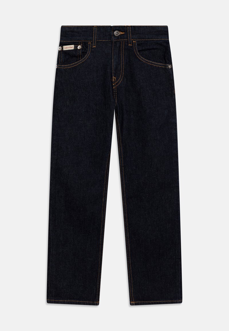 Σκούρες μπλε τζιν παντελόνες με ίσια γραμμή, διακοσμημένες με πορτοκαλί ραφές, πέντε τσέπες και μεταλλικό κούμπωμα.