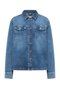 Veste en denim bleu avec manches longues, fermeture à boutons sur le devant, deux poches poitrine à rabat avec boutons, et col classique.