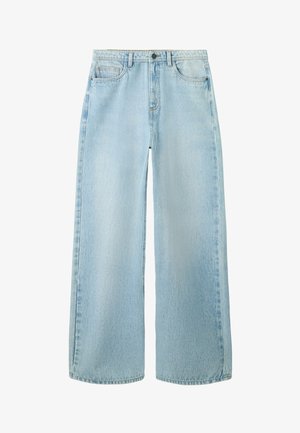 Svijetloplave traperice širokih nogavica od trapera, s visokim strukom, prednjim džepovima i čistim završetkom s minimalnim detaljima šavova.