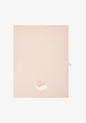 Light pink fabric mat with a soft texture features a rabbit design on a cloud, accented by small stars. Brand label on the top edge.