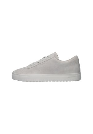 Lichtgrijze suède sneakers met een gestroomlijnd ontwerp, voorzien van een witte rubberen zool en subtiele branding op de zijkant. Zes veterogen.