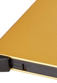 Funda para laptop dorada con un acabado mate suave, que presenta un detalle en bisagra negra y un diseño delgado. Sin patrones ni acentos adicionales visibles.