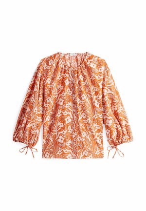 Blusa floral con un patrón naranja y blanco, de corte relajado, escote redondo y mangas abullonadas con lazo en los puños.