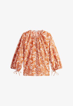 Bloes met bloemenpatroon in oranje en wit, met een ontspannen pasvorm, ronde halslijn en gathered, opbollende mouwen met strikjes bij de manchetten.