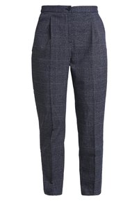 Skräddarsydda navy rutig byxor med hög midja, veck och knappförslutning. Tyget har en texturerad yta med ett subtilt rutmönster.