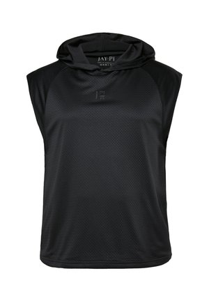 Czarna sportowa kamizelka z kapturem bez rękawów, wykonana z oddychającej siateczkowej tkaniny, z subtelnym logo "JAY PI" na piersi i wewnątrz kołnierza.