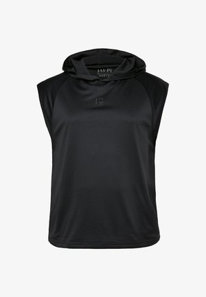 Czarna sportowa kamizelka z kapturem bez rękawów, wykonana z oddychającej siateczkowej tkaniny, z subtelnym logo "JAY PI" na piersi i wewnątrz kołnierza.