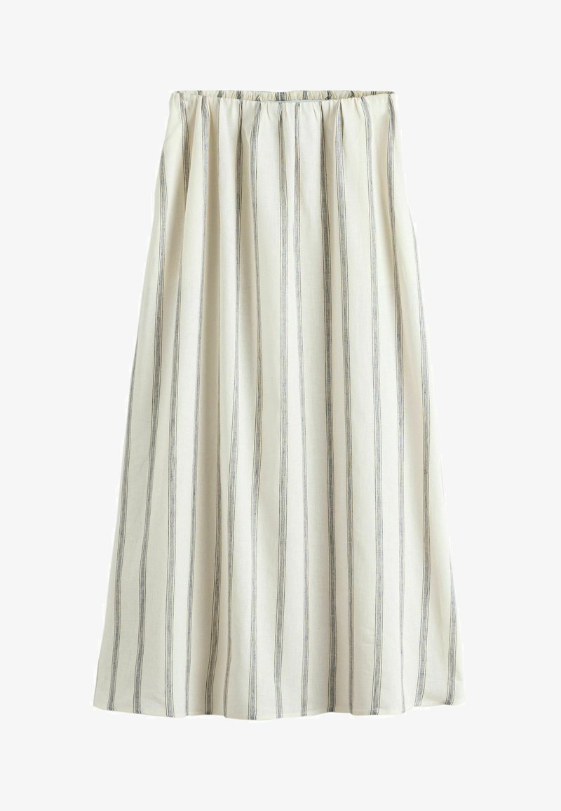 Jupe midi couleur crème avec de fines rayures noires verticales et une ceinture élastique.