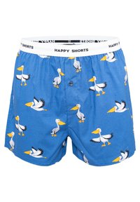Boxer shorts azules con un patrón de pelícanos. Confeccionados en una tela suave, con una cintura elástica etiquetada como "HAPPY SHORTS" y un cierre de botón.