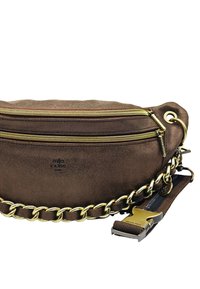 Sac à taille en suede marron avec deux zips dorés, un détail en chaîne dorée et une sangle réglable avec boucle dorée.