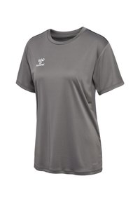 Grå kortärmad träningsskjorta med klassisk rund halsringning, tillverkad av mjukt material, med en liten vit logotyp på bröstet.