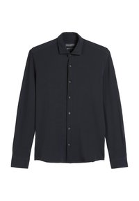Men’s long-sleeve black button-up shirt with collar, buttoned cuffs, and slim fit by Marc O’Polo, laid flat on white background.