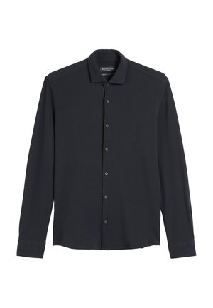 Men’s long-sleeve black button-up shirt with collar, buttoned cuffs, and slim fit by Marc O’Polo, laid flat on white background.
