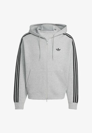 Gray zip-up hoodie with black three-stripe design on sleeves, kangaroo pockets, and drawstring hood. Features branded logo on chest.