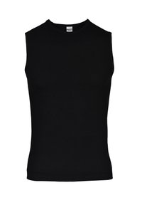 Schwarzes, ärmelloses Tanktop aus Baumwolle. Verfügt über einen runden Ausschnitt, eine figurbetonte Passform und eine glatte Textur. Minimalistischer Stil ohne Verzierungen.
