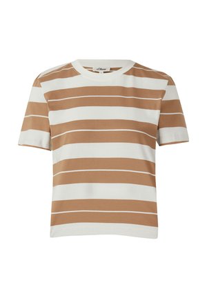 Smeđi i bijeli prugasti majica kratkih rukava s okruglim izrezom, izrađena od mekog materijala. Ima ravnomjerne pruge i opušteni kroj.