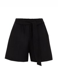 Shorts noirs en tissu léger, dotés d'une large ceinture et d'une ceinture à nouer. Le design comprend deux poches latérales et une coupe décontractée.