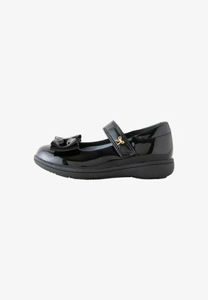 Zwarte lakleren Mary Jane-schoen voor meisjes met een strik op de teen en een klein gouden vlinderdetail op het riempje.