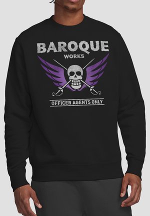 Person wearing black sweatshirt with skull, purple wings, crossed swords, and text reading "Baroque Works Officer Agents Only" on front.