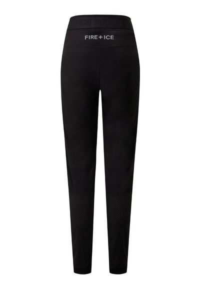 Black pants with a solid design, featuring a logo band at the waist and textured accents on the lower legs. Slim fit with a smooth finish.