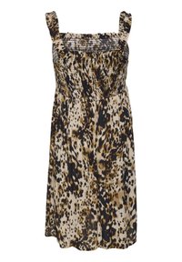 Vestido sin mangas, fruncido en una tela beige con un estampado de leopardo en negro y marrón. Presenta tirantes con volantes y una forma fluida de línea A.